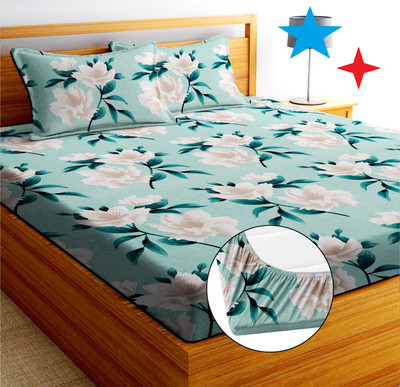 EXFAB 244 TC Cotton King Printed Fitted (Elastic) Bedsheet(Pack of 1, Green-2)