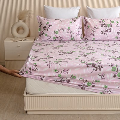HOMEMONDE 210 TC Cotton Single Printed Fitted (Elastic) Bedsheet(Pack of 1, Lavender Pink)