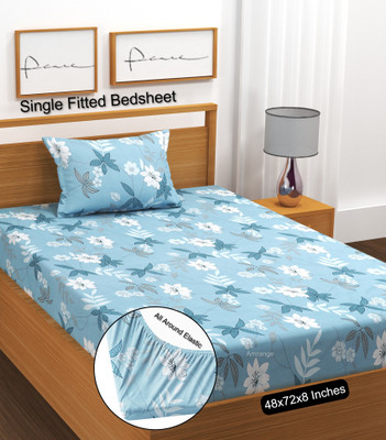 Amrange 190 TC Microfiber Single Floral Fitted (Elastic) Bedsheet(Pack of 1, Grey)