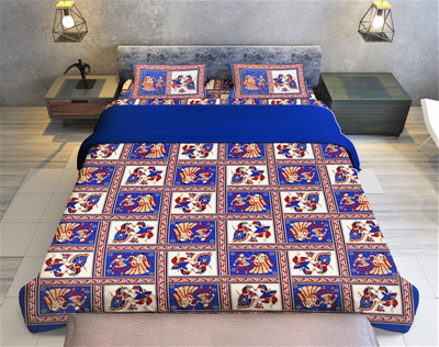 BharatLinen Cotton Double Flat 144 TC Jaipuri Prints Bedsheet(Pack of 1, Blue)