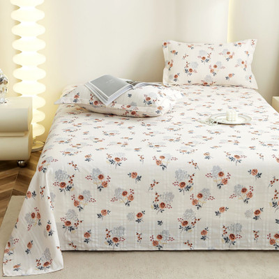 Story@home Cotton King Flat 300 TC Floral Bedsheet(Pack of 1, White, Brown)