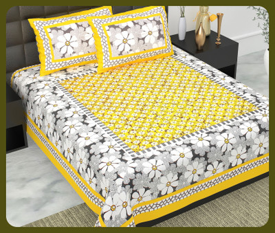 BedZone Cotton Double Flat 240 TC Jaipuri Prints Bedsheet(Pack of 1, Yellow)