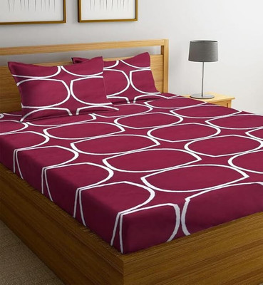 SHOPHOX Cotton King Fitted (Elastic) 300 TC Printed Bedsheet(Pack of 1, Red, White)