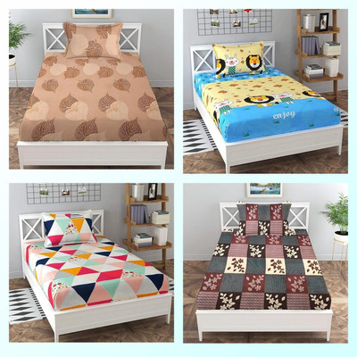 Aarav textile Polycotton, Microfiber, Cotton Blend Single Flat 160 TC 3D Printed Bedsheet(Pack of 4, Pink, Blue, Grey)