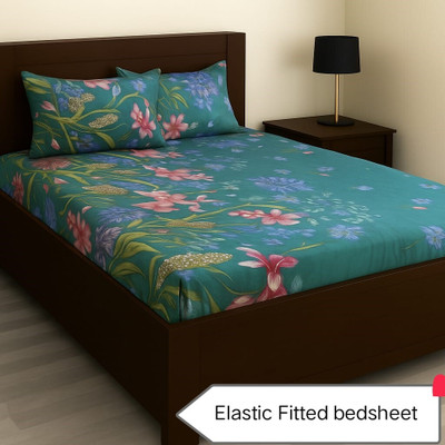 KURRY HOME FURNISHING Microfiber Double Fitted (Elastic) 220 TC Floral Bedsheet(Pack of 1, Green)