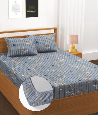 Moonroof Cotton Double Fitted (Elastic) 255 TC Printed Bedsheet(Pack of 1, Grey)