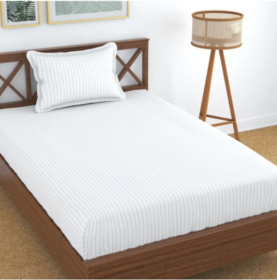 FINBIN 144 TC Satin Single Striped Flat Bedsheet(Pack of 1, White)