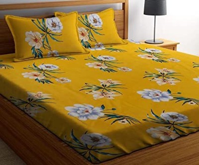 RARE BIRD 240 TC Microfiber Double Floral Fitted (Elastic) Bedsheet(Pack of 1, Yellow)