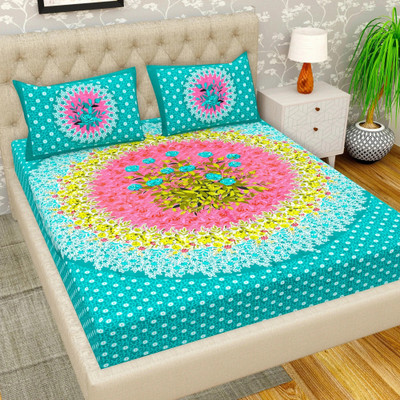 Leo Creation Cotton Double Flat 144 TC Jaipuri Prints Bedsheet(Pack of 1, Green, SeaGreen, SeaBlue, Pink, BabyPink)