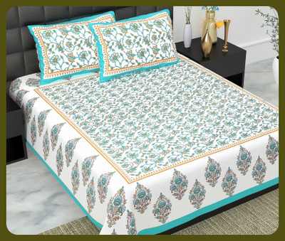 JAIPUR PRINTS Cotton Double Flat 240 TC Jaipuri Prints Bedsheet(Pack of 1, Sky)