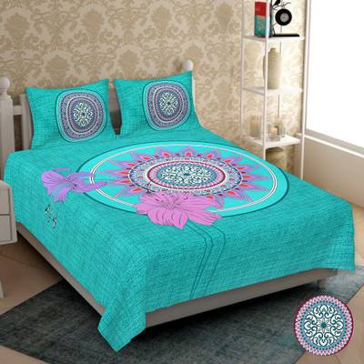 Home@shop Cotton Double Flat 144 TC Jaipuri Prints Bedsheet(Pack of 1, Green)