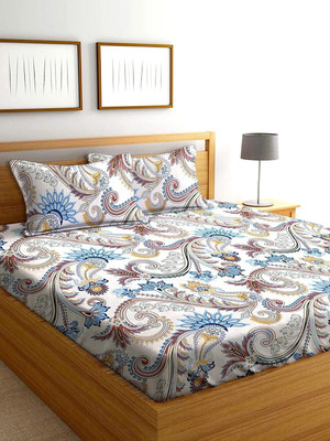 The Little Big Store 210 TC Cotton King Floral Fitted (Elastic) Bedsheet(Pack of 1, White Jaipuri)