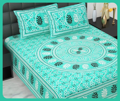 JAIPUR PRINTS Cotton Double Flat 210 TC Jaipuri Prints Bedsheet(Pack of 1, Sky)