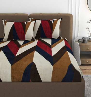 Vomzer Velvet King Fitted (Elastic) 400 TC Floral Bedsheet(Pack of 1, Cream ZigZag)