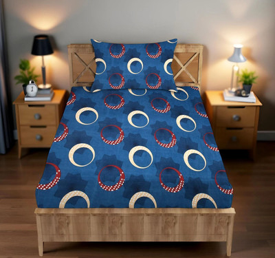 BharatLinen Cotton Single Flat 144 TC Printed Bedsheet(Pack of 1, Navy)