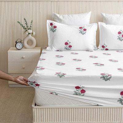 HOMEMONDE 210 TC Cotton Single Printed Fitted (Elastic) Bedsheet(Pack of 1, Red Rose)