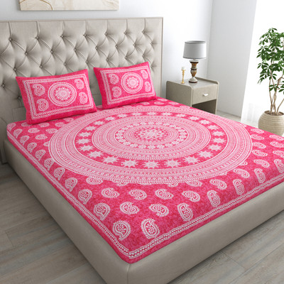 Cosito Cotton Double Flat 144 TC Jaipuri Prints Bedsheet(Pack of 1, Pink 1)