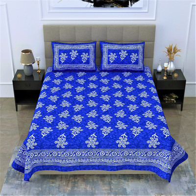 Dreamsoft Cotton Queen Flat 144 TC Jaipuri Prints Bedsheet(Pack of 1, Blue)
