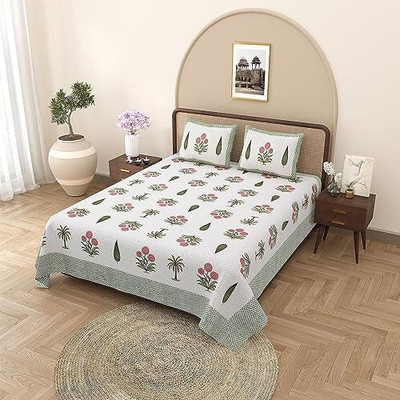 EasyGoods Cotton King Flat 400 TC Floral Bedsheet(Pack of 1, Dark Green)