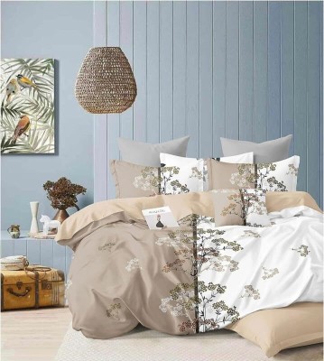 Pitambra Lifestyle 260 TC Cotton Queen Printed Fitted (Elastic) Bedsheet(Pack of 1, Beige, White)