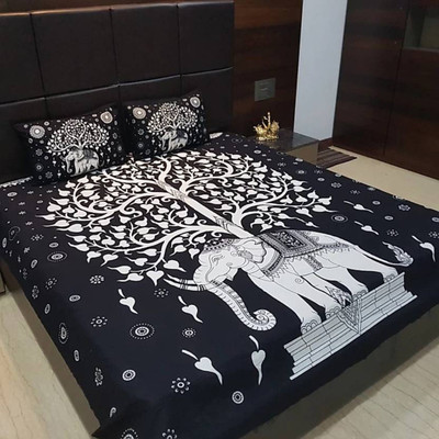 KANDY SHOP Cotton Double Flat 151 TC Jaipuri Prints Bedsheet(Pack of 1, Black)
