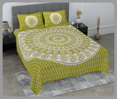 JAIPUR PRINTS Cotton Double Flat 240 TC Jaipuri Prints Bedsheet(Pack of 1, Green)