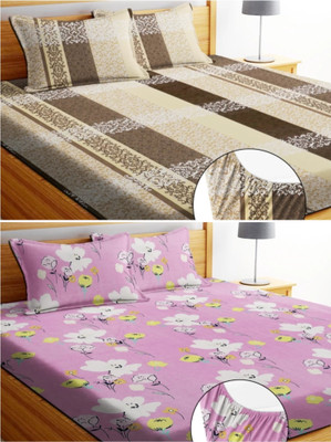 VKOM Cotton King Fitted (Elastic) 240 TC Printed Bedsheet(Pack of 2, Pink, Multicolor)