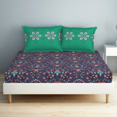 SPACES 132 TC Cotton Double Geometric Flat Bedsheet(Pack of 1, NAUTICAL BLUE)