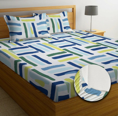 New leaf 220 TC Cotton Double 3D Printed Fitted (Elastic) Bedsheet(Pack of 1, Multicolor)