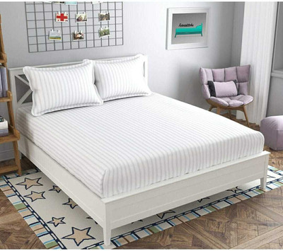 STEDO 250 TC Cotton Double Striped Fitted (Elastic) Bedsheet(Pack of 1, White)