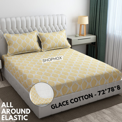 SHOPHOX Cotton King Fitted (Elastic) 180 TC Printed Bedsheet(Pack of 1, Yellow, White)