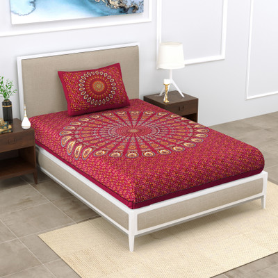Cosito 144 TC Cotton Single Jaipuri Prints Flat Bedsheet(Pack of 1, Maroon)