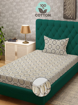 Klotthe 400 TC Cotton Single Printed Fitted (Elastic) Bedsheet(Pack of 1, Cream)