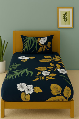 Matangeez Cotton Blend Single Fitted (Elastic) 260 TC Floral Bedsheet(Pack of 1, Dark Blue)