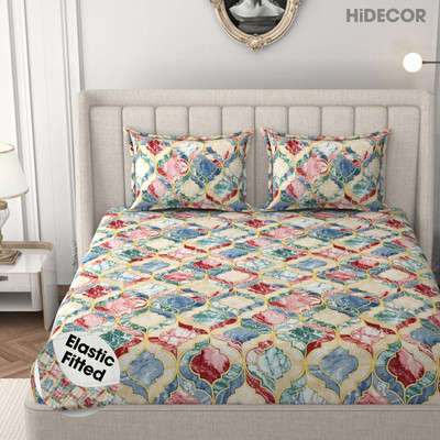 HIDECOR 280 TC Microfiber King Printed Fitted (Elastic) Bedsheet(Pack of 1, Multicolor, Cream)