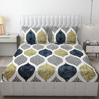 SHOPHOX Woolen King Fitted (Elastic) 300 TC Printed Bedsheet(Pack of 1, Green, Grey, Black)