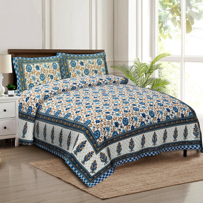 CLOTHOLOGY Cotton King Flat 240 TC Jaipuri Prints Bedsheet(Pack of 1, Blue, Brown)