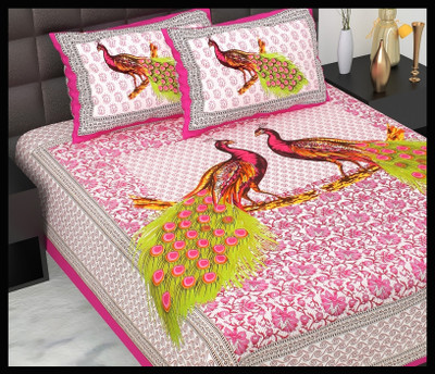 JAIPUR PRINTS Cotton Double Flat 160 TC Jaipuri Prints Bedsheet(Pack of 1, Pink)