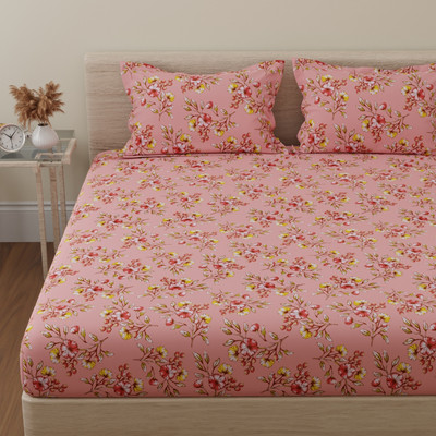 Huesland Cotton Double Flat 144 TC Printed Bedsheet(Pack of 1, Peach & Pink)