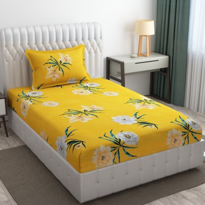 SHOMES 250 TC Cotton Single Floral Fitted (Elastic) Bedsheet(Pack of 1, Yellow)