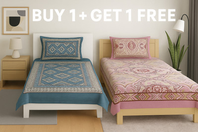 DDharoharr Cotton Single Flat 180 TC Jaipuri Prints Bedsheet(Pack of 1, Pink, Blue)