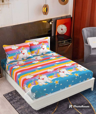 ABC Cotton Double Fitted (Elastic) 200 TC Printed Bedsheet(Pack of 1, Multicolor)