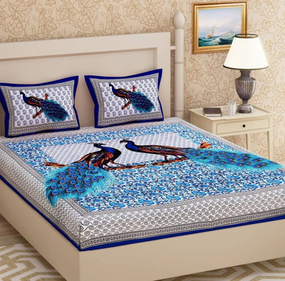 Ananta Cotton Double Flat 144 TC Animal Bedsheet(Pack of 1, Blue)
