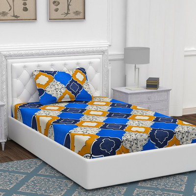 BEVI 280 TC Microfiber Single Printed Flat Bedsheet(Pack of 1, Yellow, Blue)