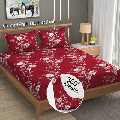 LA VERNE 144 TC Cotton Double Jaipuri Prints Fitted (Elastic) Bedsheet(Pack of 1, Maroon)