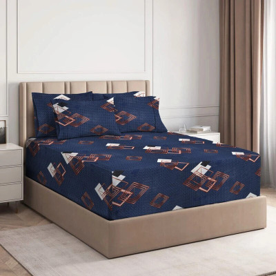 VAS COLLECTIONS 180 TC Microfiber Double Printed Fitted (Elastic) Bedsheet(Pack of 1, Dark Blue)