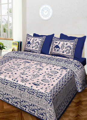 KANDY SHOP Cotton King Flat 250 TC Jaipuri Prints Bedsheet(Pack of 1, Blue)