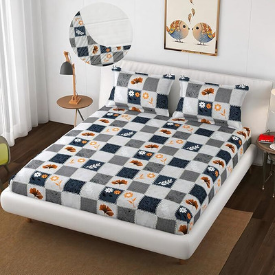 ARDM 210 TC Cotton Double Abstract Fitted (Elastic) Bedsheet(Pack of 1, Grey)