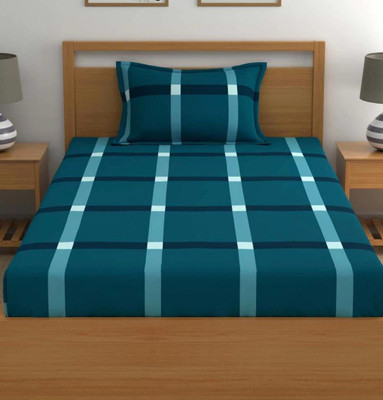 Rumps 240 TC Microfiber Single Checkered Fitted (Elastic) Bedsheet(Pack of 1, Blue)