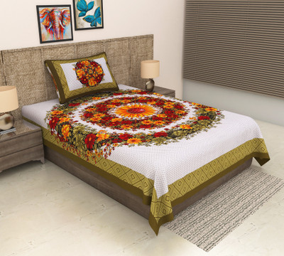 METRO LIVING 104 TC Cotton Single Jaipuri Prints Flat Bedsheet(Pack of 1, Green)